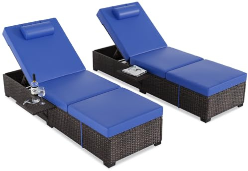 SLEKVERSA Patio Chaise Lounge Chairs, Set of 2,Outdoor Reclining Adjustable Sun Loungers with PE Wicker & Steel Frame, Water-Resistant Cushion for Poolside, Beach, Garden, and Backyard(Blue)