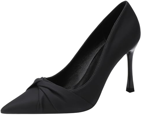 Eestfy Scarpe di Corte Donna vestibilità Larga Tacco Medio Punta Accuminata Pumps Satin Slip On Scarpe da Sera per Collo del Piede Alto e Taglie Estese Comfortevoli Tacchi,Black 5cm,44 EU