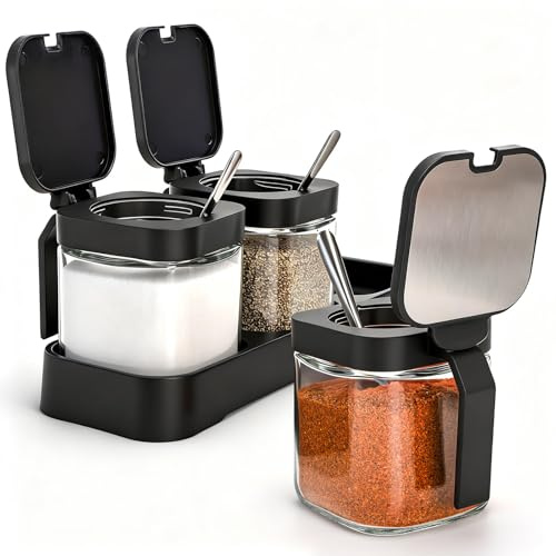 DEAYOU Set of 3 Glass Seasoning Box with Tray, 8.6oz Clear Condiment Canister Pots with 18/10 Stainless Steel Lid and Spoon, Salt Pepper Sugar Storage Container Spice Jar Cruet for Kitchen, Counter