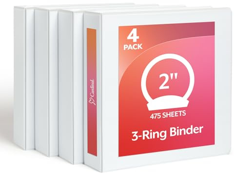 Cardinal 2 Inch 3 Ring Binders, White, 4 Pack, Round Ring Binder, Holds 475 Sheets, PVC Free, Customizable Covers, 2 Pocket View Binders for Office and School Organization
