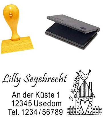 Trästämpel med adress fågelhus inklusive stämpelkudde – avtrycksstorlek ca : 5 x 3 cm