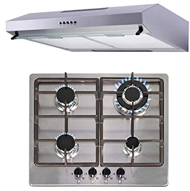 SIA 60cm 4 Burner Stainless Steel Gas Hob & Slim Visor Cooker Hood Extractor Fan