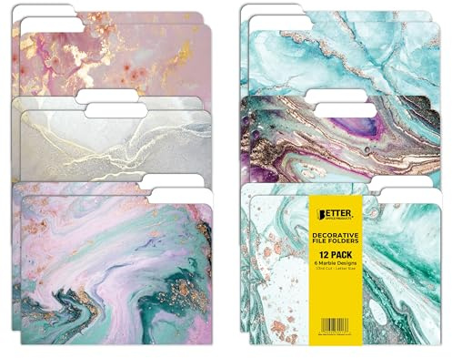 Better Office Products Decorative File Folders, 12 Pack, 6 Designs, Heavyweight, Letter Size (9.5 x 11.5) with 1/3 Cut Tab, Marble Designs, Fashion Folders
