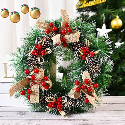 32cm Christmas Wreath for Front Door: Christmas Decoration, Winter Xmas Party Decoration, with Frosted Snow Effect, Berries & Pinecones, for Door, Window, Wall, Fireplace