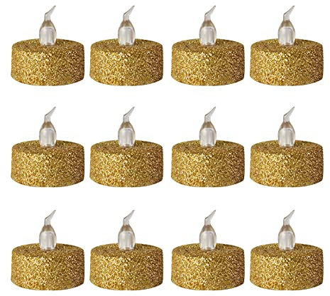 ZYLLZY 12 Pack Glitter Gold Flameless LED Tea Light Candles, Moving Wick Flickering Electric Fake Candles for Gift Wedding Home Party Decoration