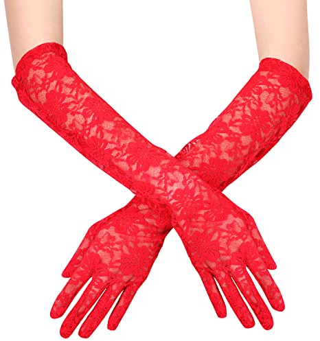 KINBOM Gants Longs en Dentelle pour Femme, Gants de Mariée pour Mariage Motif de Fleurs Gants en Dentelle Florale pour Thé Costumes des Années 1920 Mascarade, Une Paire, Longueur 44cm (Rouge)