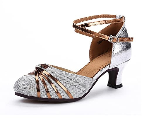 Zapatos Latinos Zapatos de Baile para Mujeres con tacón Medio para Salsa Tango Zapatillas de Baile Latino Sandalias de Tacon para Danza (Plateado, 38)