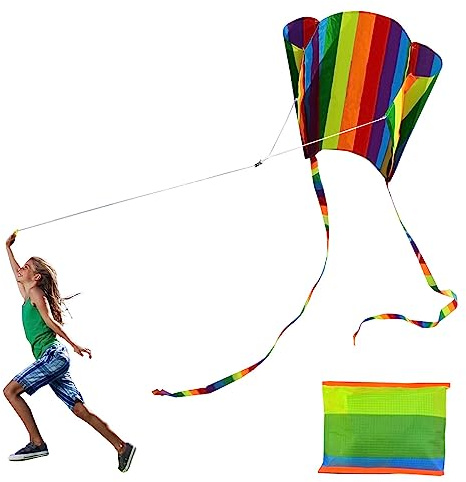 GWAWG 1 PCS Kite For Children, Rainbow Kite Colorful Pocket Kite with Long Tail, Easy Flyer Kite With String Line, Beach Game Outdoor Activities for Beginner, Kids and Adult, Gift to Boys Girls