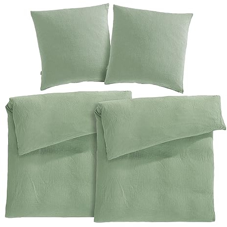 Pure Label Musselin Bettwäsche 155x220 4 teilig bestehend aus Bettbezug 155 x 220 cm 2er Set + Kissenbezug 80x80 cm 2er Set aus Baumwolle - Traumhaft kuschelige Bettwäsche-Sets in grün