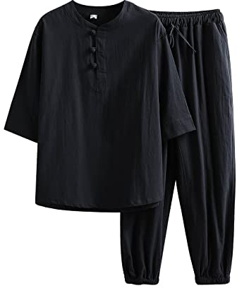 Darringls Kung Fu Mens Lino Tuta Tinta Unita 2 Pezzi Giacca e Pantaloni Tradizionale Cinese Arti Marziali Tai Chi Qigong Wing Chun Shaolin Wushu Uniformi Maniche Lunghe Allenamento Abbigliamento Tempo