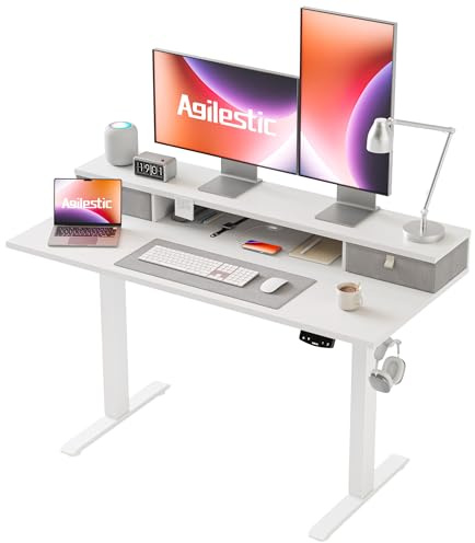Agilestic Höhenverstellbarer Schreibtisch mit 2 Schubladen, 120 x 60 cm Stabiler Schreibtisch Höhenverstellbar Elektrisch, Ergonomischer Steh-Sitz Tisch Computertisch, Weiß