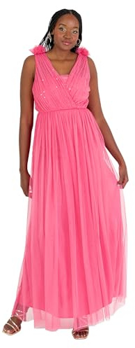 Anaya with Love Maxiklänning för dam ärmlös V-hals Sequin Embellished Tyll Ruffle Shoulder A-Line Brudklänning Prom Ball Gown Klänning för kvinnor, Varm rosa, 40