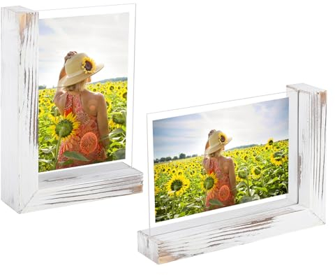 SUPAWAY 2er Set Fotorahmen Vintage Holzsockel Bilderrahm L Formen MDF-Sockel Photo Frame mit 2 Doppelseitig Transparent Acryl Plastfolie für 10x15 cm Fotos Tischaufsteller Horizontal+Vertikal, Altweiß