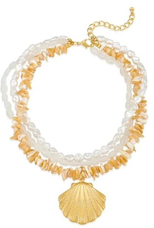 HolidayQbee Gold Seashell Necklace For Women With Beach Puka Shells And Bead Chains Beach Shell Pendant Necklace Ocean Chains Necklaces Fashion Summer Necklaces Jewelry