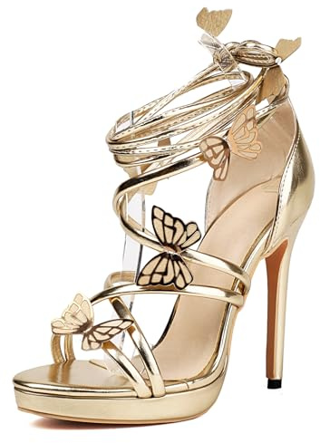 Bviennic Sandali a Spillo da Donna Punta Aperta Tacco Alto Dancing Scarpe Cordoncino Moda Sandals con Plateau Ankle Wrap, Numero 32-48