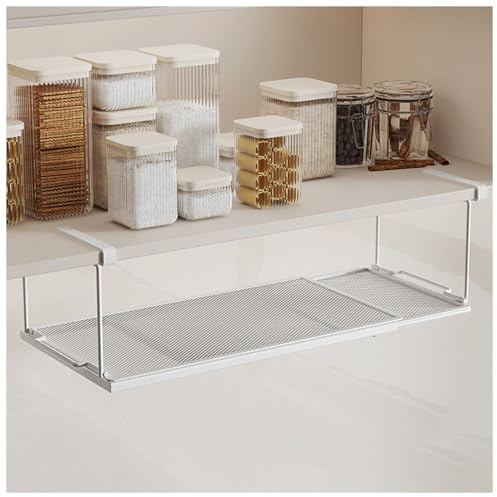 NUODWELL Extendable Under Shelf Storage Basket, Hanging Under Cabinet Shelf, Adjustable Metal Mesh Organiser for Kitchen, Office, Pantry (White)