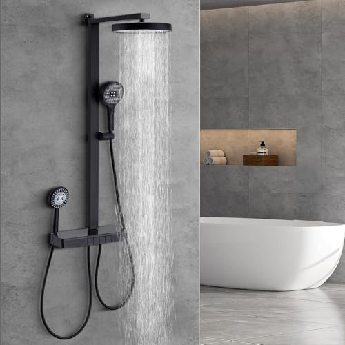 HOMELODY Duschsystem mit Thermostat und Glasablage, Duscharmatur Komplettset mit Wasserfall-Auslauf, Handbrause 4 Strahlarten - Regendusche mit Armatur, Messing