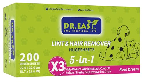 Dr.Easy LINT & HAIR REMOVER Pet HUGESHEETS avec 3X Feuilles de Séchage, Rêve de Rose, 200 Compte, FORMULE À BASE DE PLANTES ET DE MINÉRAUX