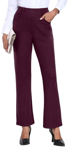 GRECERELLE Stretchiga arbetsbyxor elastisk midja rakt ben vardag för kvinnor brittiska yogabyxor med fickor, Vinrött, S