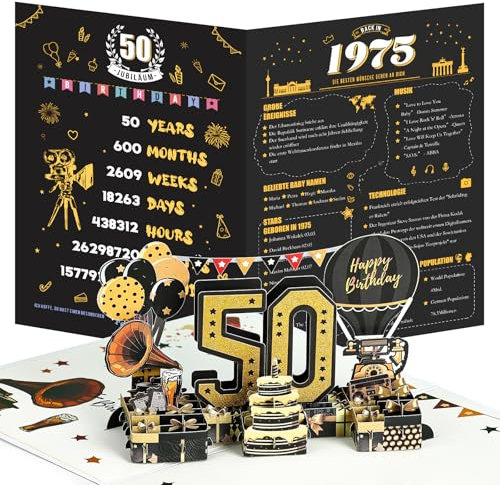 Joyoldelf 50. Födelsedagskort, 1975 årgång födelsedagskort, 3D popup gratulationskort med kuvert, vintage födelsedagspresent för man och kvinna