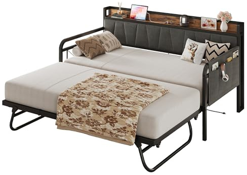 LIKIMIO Twin Daybed, Day Bed with Trundle, Storage Upholstered Headboard and Charging Station, Trundle Bed with Strong Supports for Living Room, Bedroom, and Guest Room, Grey