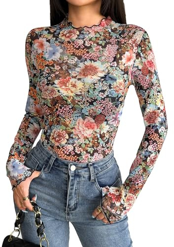 Women Mesh Long Sleeve Top Sheer See Through Tops Floral Mockneck Shirt
