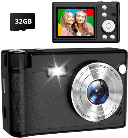 Cámara Digital Compacta, 48MP 1080P HD Autofocus Camara de Fotos con 32GB Tarjeta 1300mAh Baterías, 18X Zoom Digital, Camera Portátil para Estudiantes Adolescentes Principiantes Niños Infantil, Negro