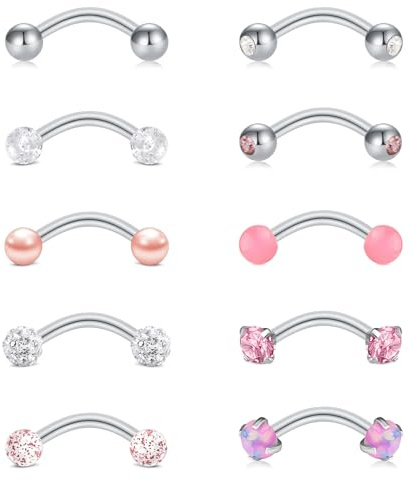 WillTen 10Pcs Rook Piercing Jewellery Vertical Labret Lip Bars, Eyebrow Piercing Jewelry Rook Earring Curved Barbell Eyebrow Ring Lip Daith Helix Conch Piercing Jewelry for Women, Pink