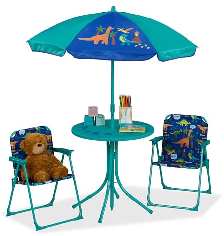 Relaxdays Tavolo Bambini con Ombrellone, Set con 2 Sedie, da Campeggio e Giardino, Tavolino Picnic, Dinosauri, Turchese