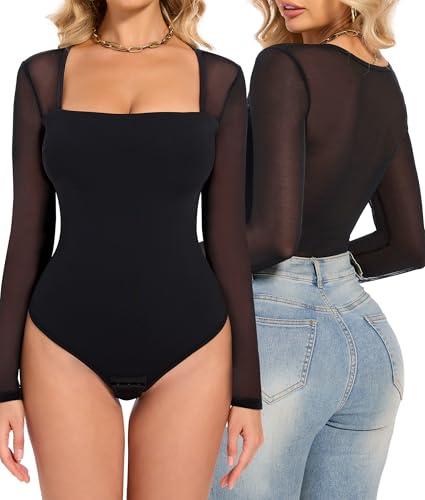 SHAPERIN Shapewear Bodysuit Kvinnor Sheer Mesh Shapewear Bodysuit Underkläder Smal Platt Mage Body Shaper med Fyrkantig Hals, Svart, L