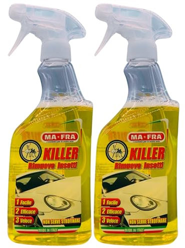 Detergente Spray Per Auto Rimuove Insetti KILLER. Elimina Macchie, Tracce Di Insetti e Moscerini In Modo Facile e Veloce Senza Strofinare 500ml (2 Spray)