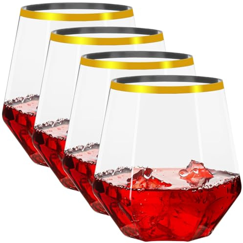Noaxylic 4 Pezzi Bicchiere da Vino in Plastica, 354ml Bicchiere da Vino Riutilizzabile in Plastica Forma di Diamante, BPA Free, Lavabile in Lavastoviglie, Infrangibile, per Riunioni di Famigli