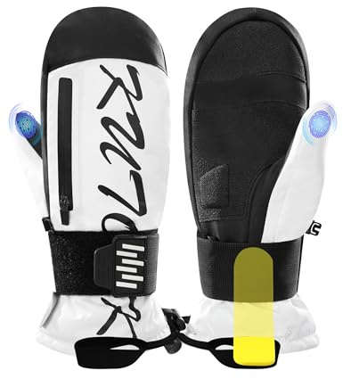 KUTOOK Skihandschuhe Snowboard Handschuhe Herren Damen Winter Wasserdicht mit Protektor Handgelenkschutz Warm Winddicht Touchscreen Fäustlinge für Ski Snowboarden Outdoor Weiß L