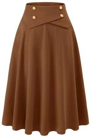 Kjol dam midilång vintage A-linje kjolar tallrikskjol basic casual kjol hög midja fritidskjol med fickor, BRUN, M