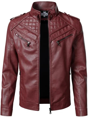 HOOD CREW Men’s Faux Leather Jackets Vintage Biker Motorcycle Jacket for Men Red M