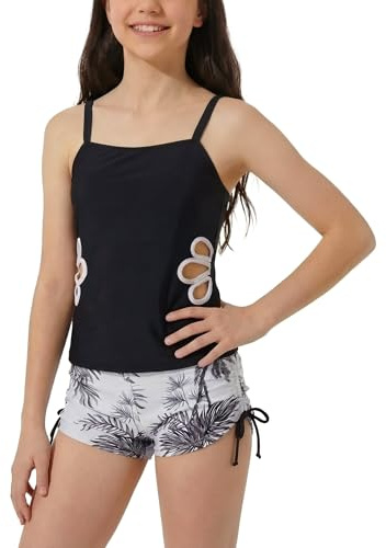 SEAUR Tvådelad baddräkt för flickor, tankini med shorts, 9-16 år, tryckta blommor, utskärning, badmode för barn, tonåringar, sommar, strand, svart, 13-14 år