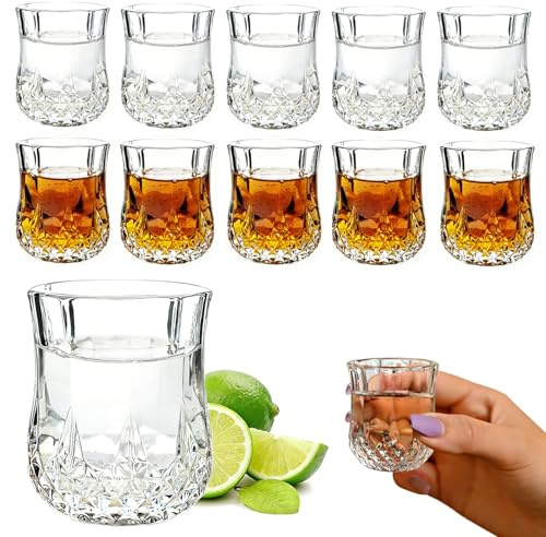 VIQIHEOE Set di 12 bicchierini da liquore in cristallo, 50 ml bicchierini per whisky, bicchierini da liquore, bicchierini in vetro, bicchieri senza piombo, per liquori tequila ouzo vodka (fondo tondo)