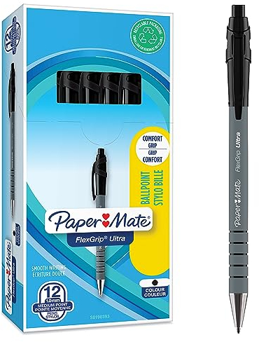 Paper Mate Flexgrip Ultra Retractable Ballpoint Pens | Medium Point (1.0mm) | Handwriting Pens & Stationery Supplies | Black Pen Set | 12 Count
