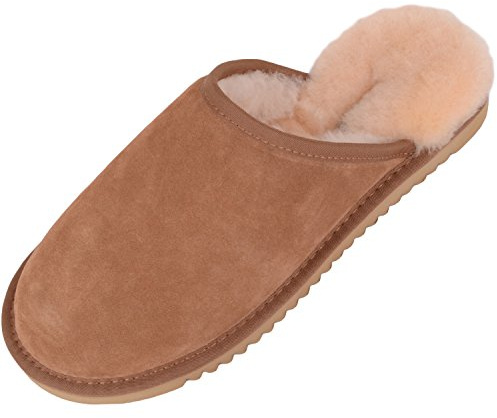 Genuine Unisex Mule Extra Thick Sheepskin Slip on Slippers with Hard Man Made Sole. Chestnut Brown. Size 10