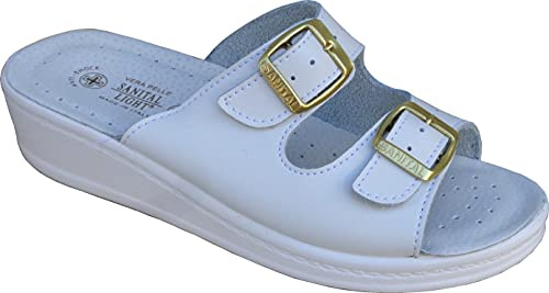 Sanital Light - Zapatillas de Cuero para Mujer | Chanclas Anatómicas Sanitarias | Suela de Goma Flexible, Azul y Blanco, Cuero