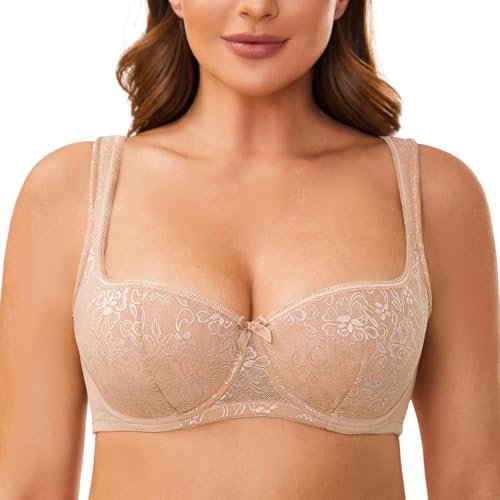 MELENECA Women's Balconette Bra with Padded Strap Half Cup Underwire Sexy Lace Beige 40G