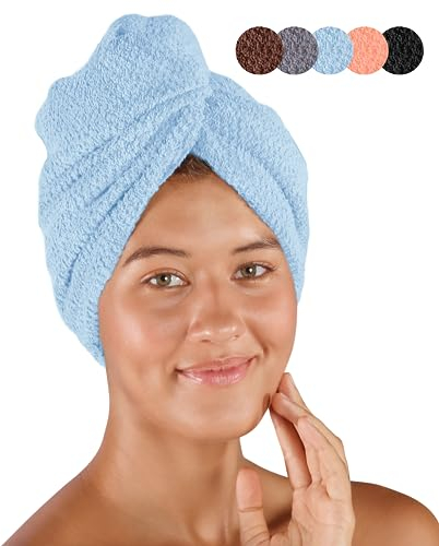 pamuq ® Haarturban schnelltrocknend 100% Baumwolle 2er Set mit 2 Knöpfen inkl. 4 Haargummis Dry-Ban Haartrockentuch Turbantuch Haarhandtuch Schnelltrocknendes Haartuch Wickel