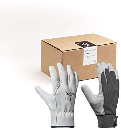 Gebol GOO Handschuhbox Garten | Arbeitshandschuhe-Set für den Garten | 2x Driver Lederhandschuhe, 3x Uni Fit Comfort Gartenhandschuhe, 1x Schutzbrille | Für Damen & Herren | Größe L (Gr 9) | 5 Paar
