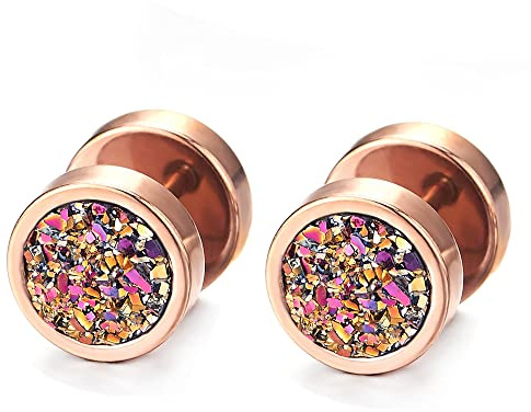 Uomo Donna Acciaio Oro Rosa Cerchio Orecchini con Arcobaleno Luccichio, Finto Dilatatore Fake Cheater Plug Gauges 1 Paio