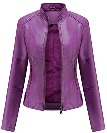 Giacca da motociclista da donna, taglia 20/18/16, giacca da donna in pelle PU slim fit, giacca da motociclista sottile, cappotto corto per autunno e primavera, Viola, M