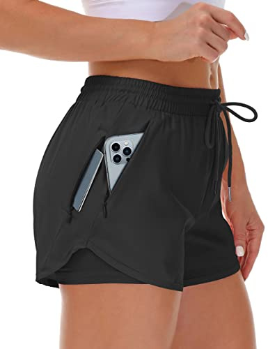 Mancreda Women's Running Shorts with Liner 3 Zipper Pockets Elastic Workout Athletic Gym Yoga Shorts(BK,L) Black