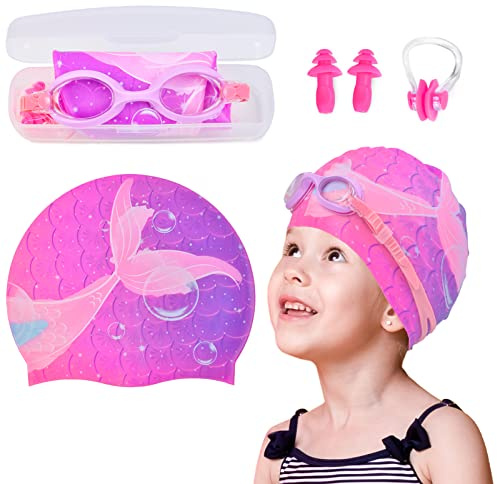 AuSletie Kids Swim Caps for Girls, Silicone Waterproof Swimming Cap for Kids, Durable Comfortable Swimming Caps for Girls