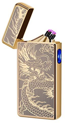 LcFun Feuerzeug Elektrisch Lichtbogen Feuerzeug USB Aufladbar Elektrisches Plasma Feuerzeuge Sturmfeuerzeug Elektro Winddicht Arc Lighter Wiederaufladbar für Kerzen Küche Geschenk (Goldener Drache)