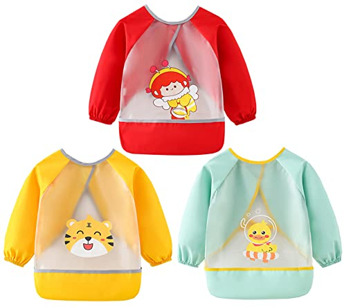 Chilsuessy Ärmel-Lätzchen 3 Pack Baby Kleinkind Lätzchen Wasserdicht Nässeschutz Baby Lätzchen mit Ärmeln Langarm Lätzchen Schürze Bibs zum Essen Malen Spielen, E/Set, 0-2 Jahre