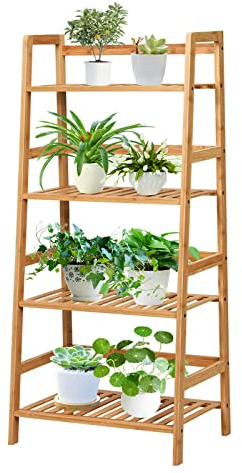 COSTWAY 4-tier Ladder Shelf, Bamboo Plant Stand Rack, Freestanding Bookshelf, Multifunctional Storage Shelves, Flower Stand Rack Holder for Garden, Balcony, Living Room, Bedroom (Natural)